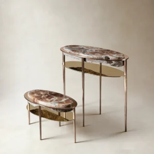 Hand-Forged Metal and Crystal Stone Oval Side Table Set in clay — front view