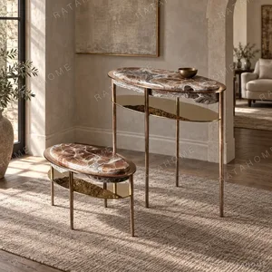 Hand-Forged Metal and Crystal Stone Oval Side Table Set in clay — in a room setting