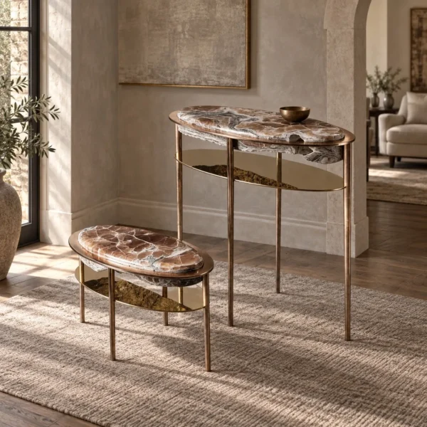 Hand-Forged Metal and Crystal Stone Oval Side Table Set in clay — in a room setting