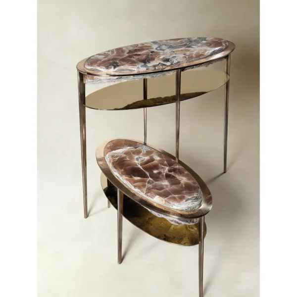 Hand-Forged Metal and Crystal Stone Oval Side Table Set in clay — in a room setting