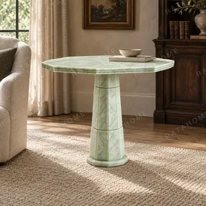 Hengxu Octagonal Green Jade Stone Pedestal Side Table in olive — in a room setting