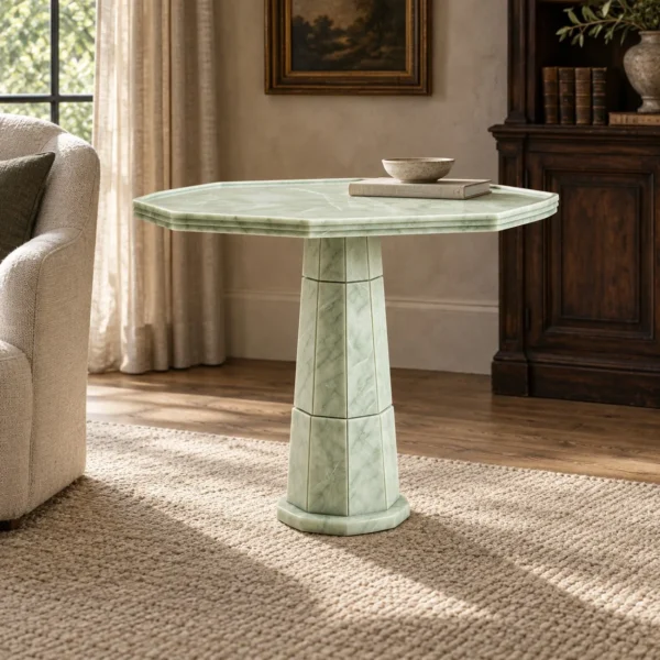 Hengxu Octagonal Green Jade Stone Pedestal Side Table in olive — in a room setting