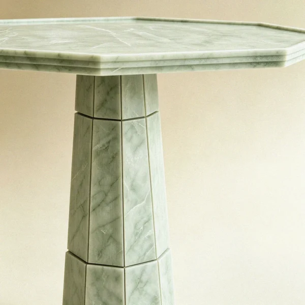 Hengxu Octagonal Green Jade Stone Pedestal Side Table in olive — in a room setting