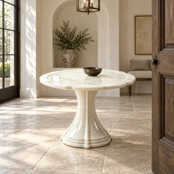 Huatang White Jade Begonia-Edge Pedestal Entry Table in ivory — in a room setting