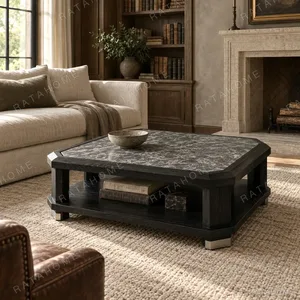 Ink Mountain Black Wood Coffee Table in black — in a room setting
