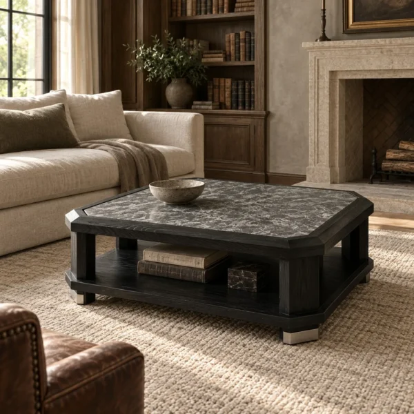 Ink Mountain Black Wood Coffee Table in black — in a room setting