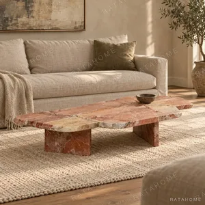 Italian Bohemian Red Marble Coffee Table with Live Edge in red — in a room setting