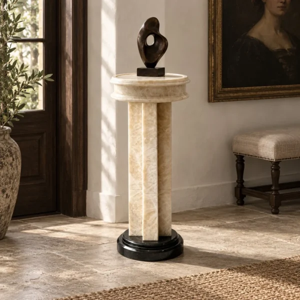 Jiancheng Warm Jade Pedestal in oatmeal — in a room setting