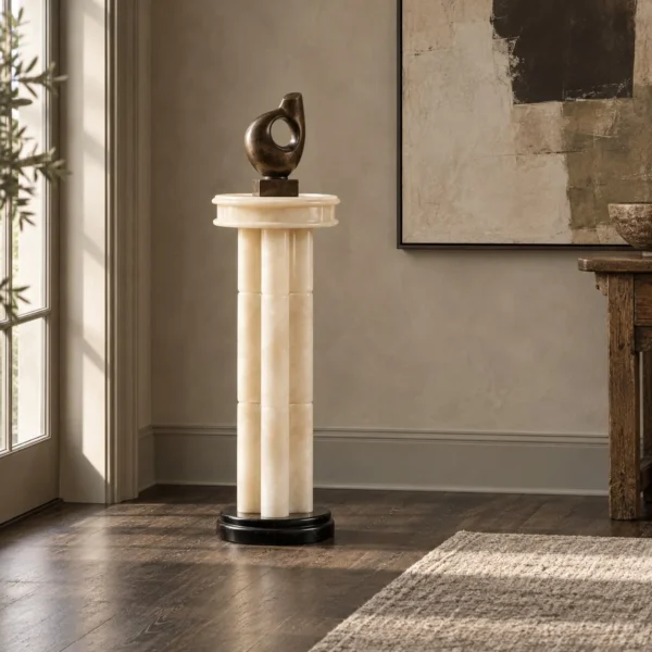 Tall Stacked Stone Sculpture Pedestal on Black Base in oatmeal — in a room setting