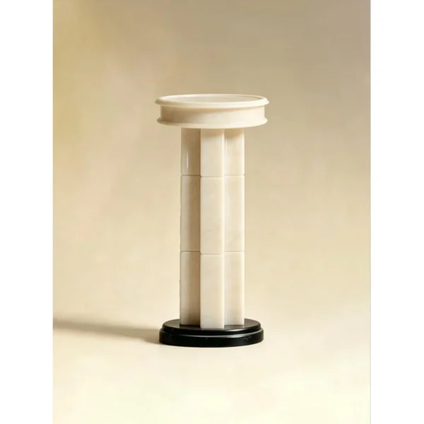Tall Stacked Stone Sculpture Pedestal on Black Base in oatmeal — in a room setting