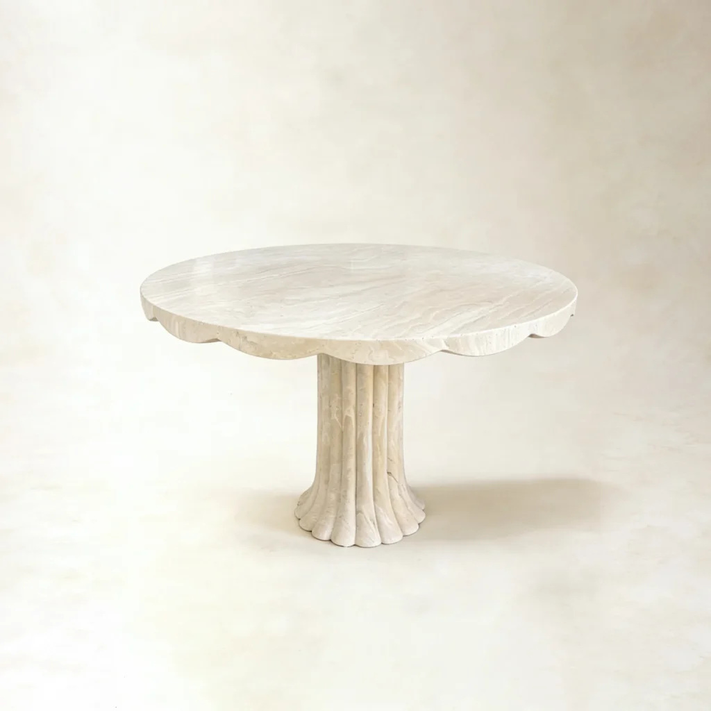 Scalloped Travertine Pedestal Table with Fluted Base in oatmeal — front view