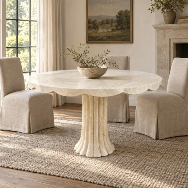 Scalloped Travertine Pedestal Table with Fluted Base in oatmeal — in a room setting