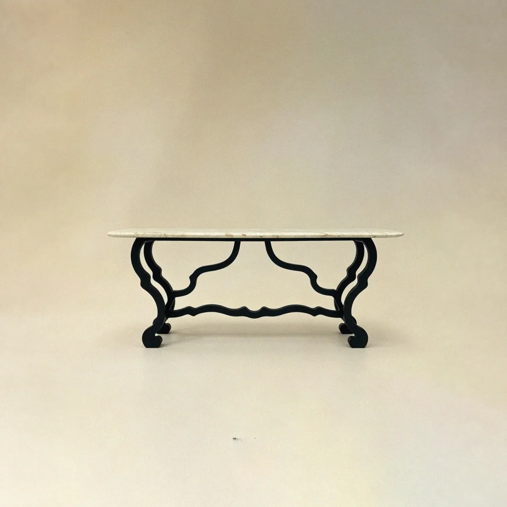 Juankui Fossil Stone Console on Scrolled Wood Base in oatmeal — front view
