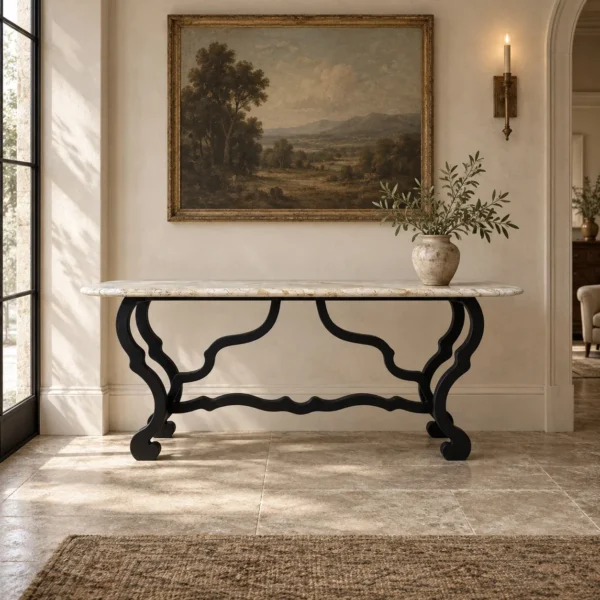 Juankui Fossil Stone Console on Scrolled Wood Base in oatmeal — in a room setting
