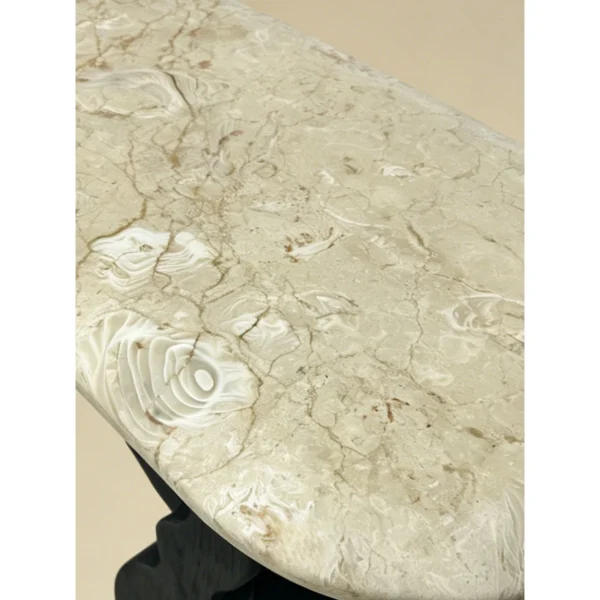Juankui Fossil Stone Console on Scrolled Wood Base in oatmeal — in a room setting