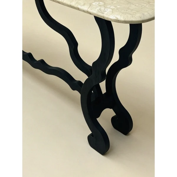 Juankui Fossil Stone Console on Scrolled Wood Base in oatmeal — in a room setting