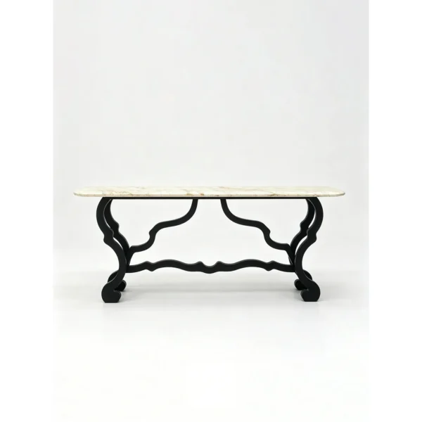 Juankui Fossil Stone Console on Scrolled Wood Base in oatmeal — in a room setting