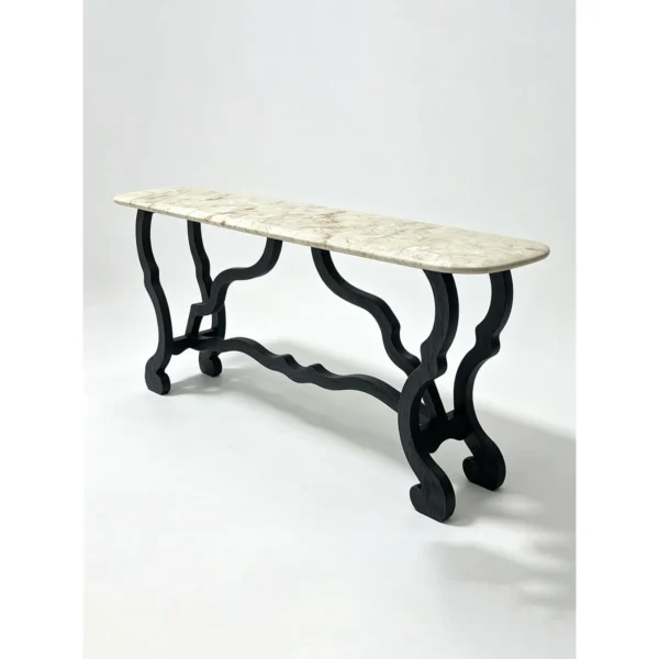 Juankui Fossil Stone Console on Scrolled Wood Base in oatmeal — in a room setting