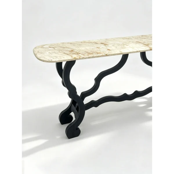 Juankui Fossil Stone Console on Scrolled Wood Base in oatmeal — in a room setting