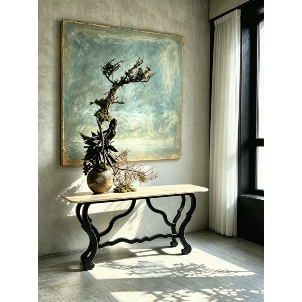 Juankui Fossil Stone Console on Scrolled Wood Base in oatmeal — in a room setting