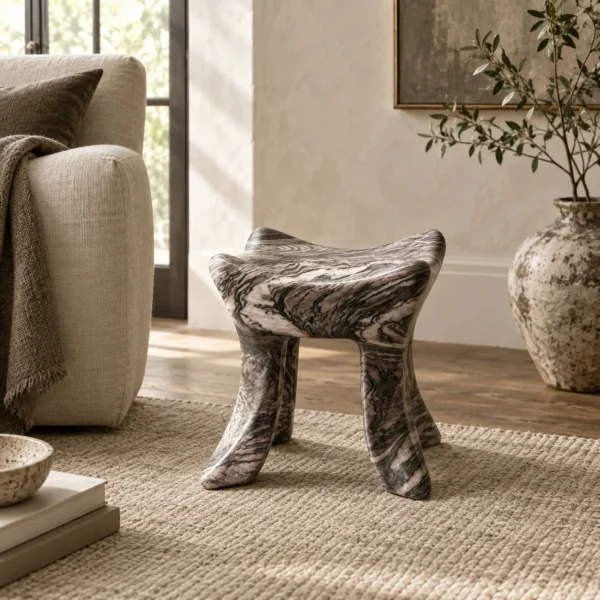 Lan Hand-Carved Marble Art Stool in slate — in a room setting