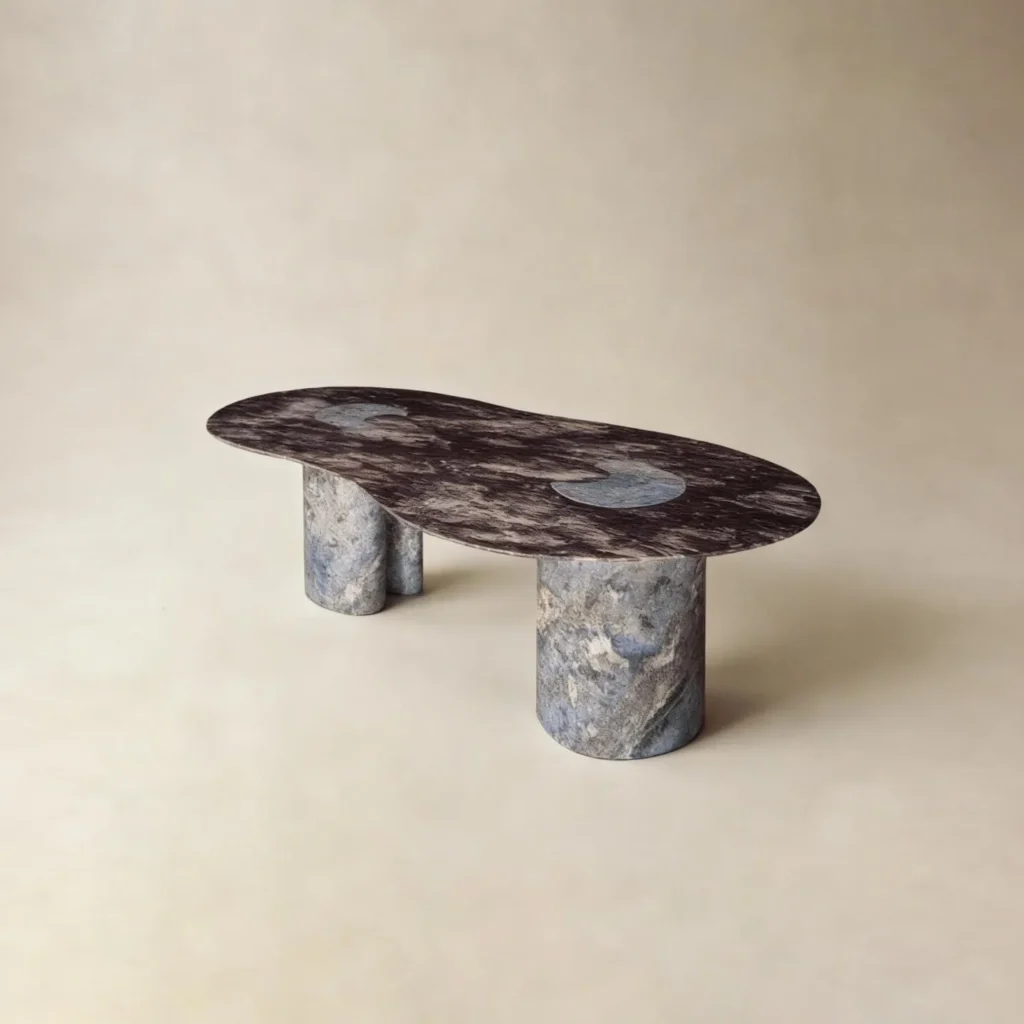 Lan Irregular Luxury Stone Dining Table with Blue Inlay in plum — front view