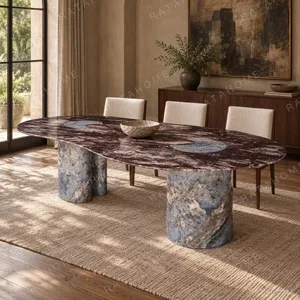 Lan Irregular Luxury Stone Dining Table with Blue Inlay in plum — in a room setting