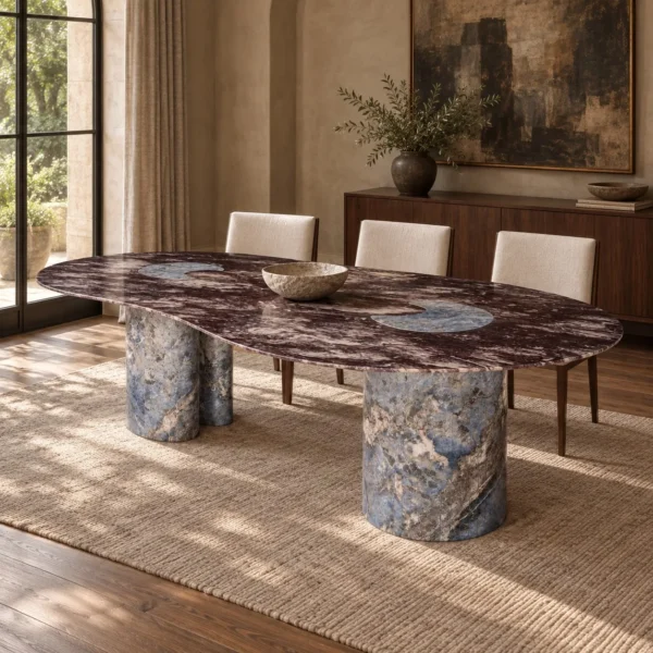 Lan Irregular Luxury Stone Dining Table with Blue Inlay in plum — in a room setting