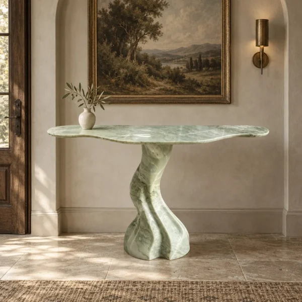 Langen Green Stone Console with Twisted Root Column in olive — in a room setting