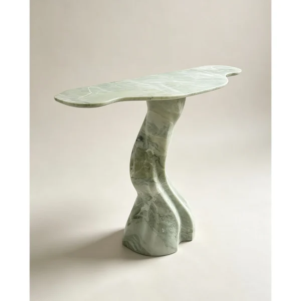Langen Green Stone Console with Twisted Root Column in olive — in a room setting