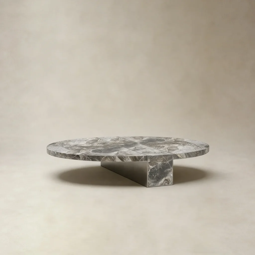 Minimalist Grey Marble Round Coffee Table on Triangular Base in slate — front view