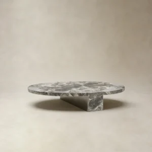 Minimalist Grey Marble Round Coffee Table on Triangular Base in slate — front view