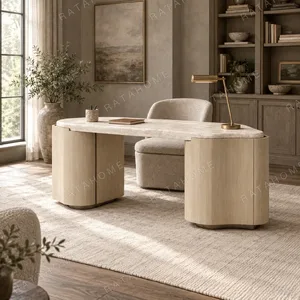 Multifunctional Stone Table in oatmeal — in a room setting