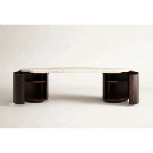 Multifunctional Stone Table in oatmeal — in a room setting