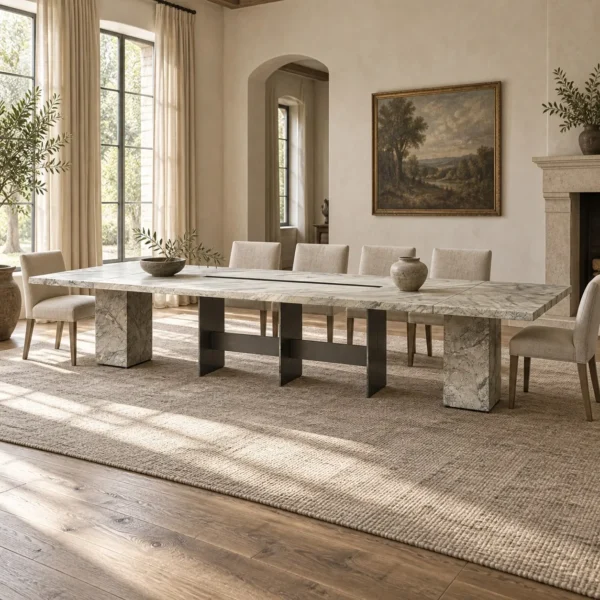 Grand Natural Stone Dining Table for Twenty in slate — in a room setting