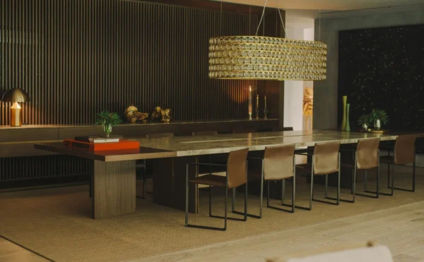 Grand Natural Stone Dining Table for Twenty in slate — in a room setting