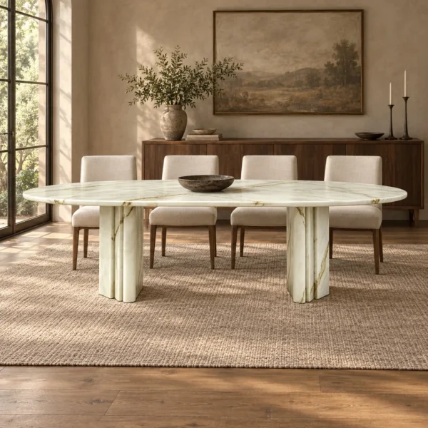 Qin Free-Form Marble Dining Table in ivory — in a room setting
