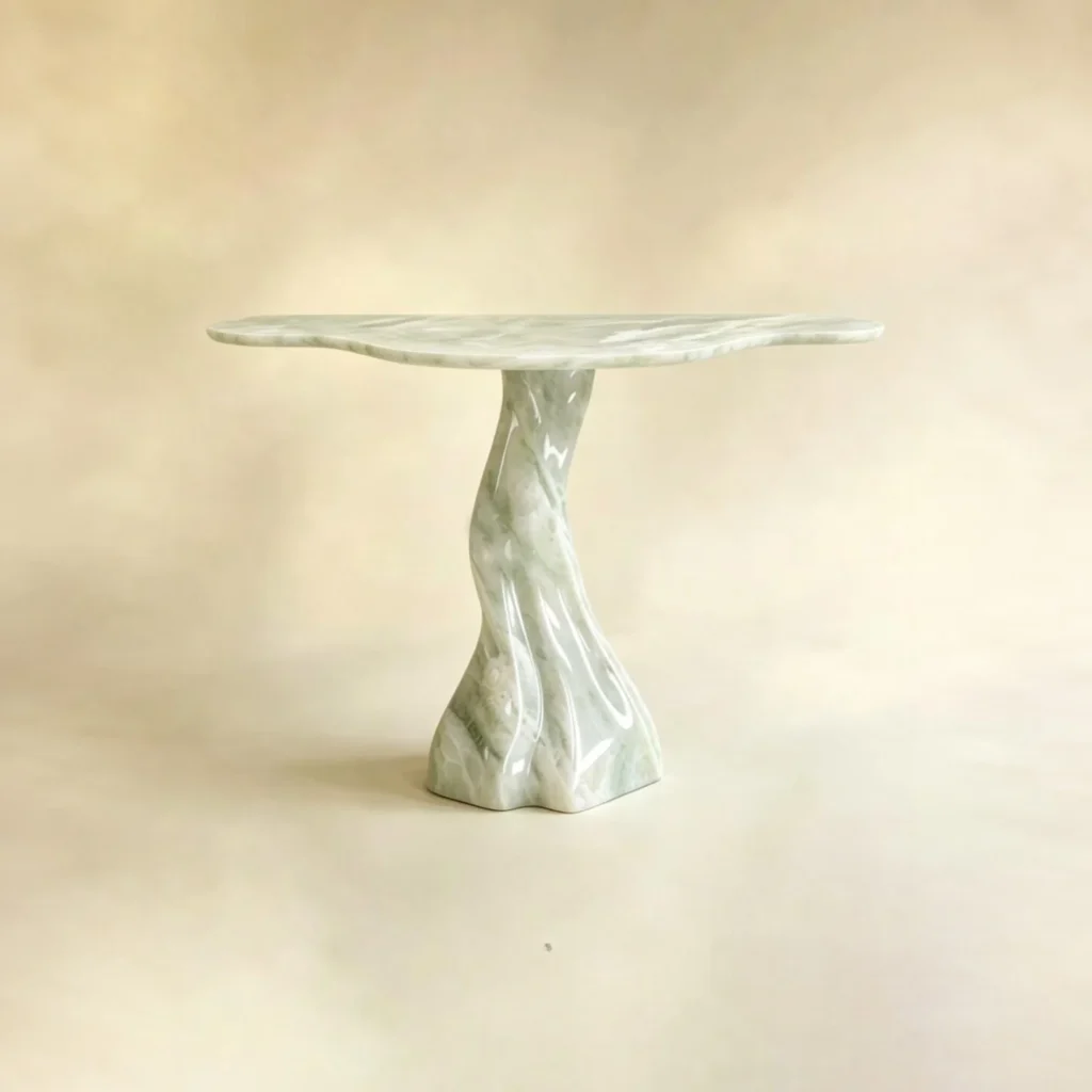 Qinglan Pale Jade Console Table with Root-Form Base in olive — front view