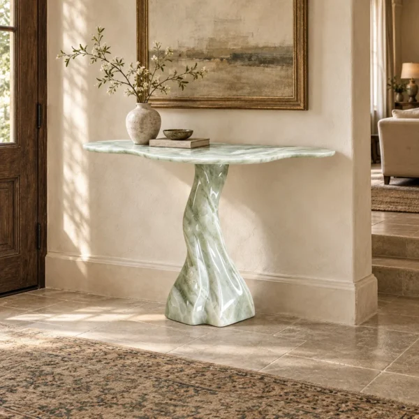 Qinglan Pale Jade Console Table with Root-Form Base in olive — in a room setting