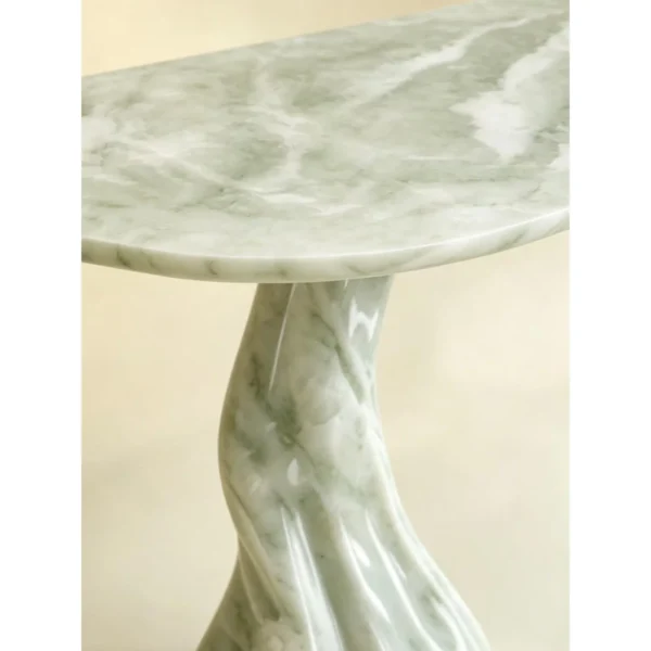 Qinglan Pale Jade Console Table with Root-Form Base in olive — in a room setting
