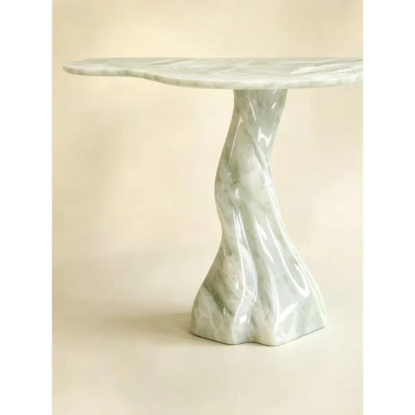 Qinglan Pale Jade Console Table with Root-Form Base in olive — in a room setting