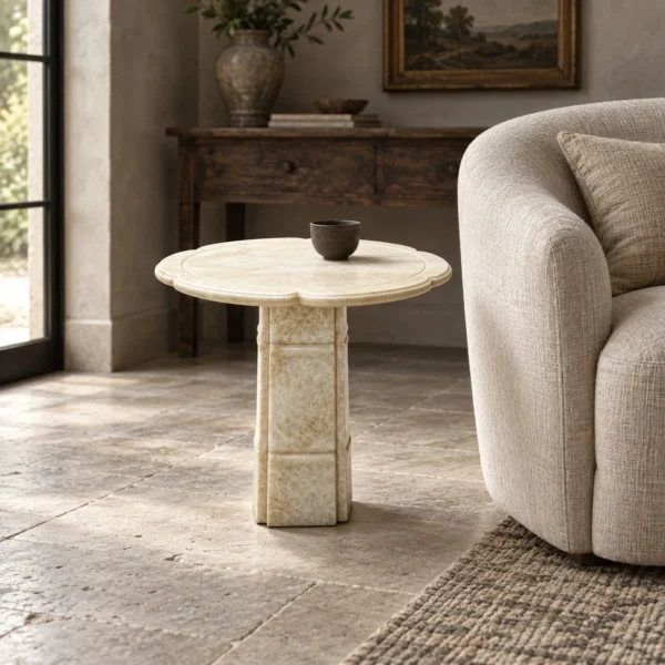 Stone Bone Cloverleaf Side Table in Veined Cream Stone — in a room setting