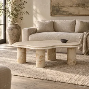 Shiqi Super White Travertine Coffee Table in oatmeal — in a room setting