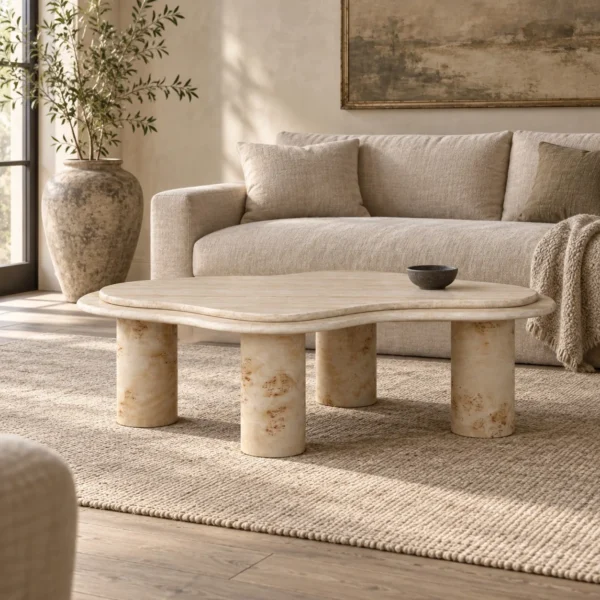 Shiqi Super White Travertine Coffee Table in oatmeal — in a room setting