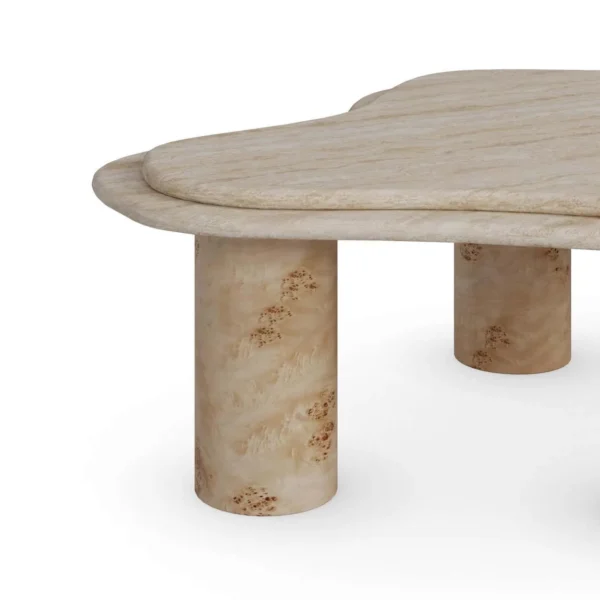 Shiqi Super White Travertine Coffee Table in oatmeal — in a room setting