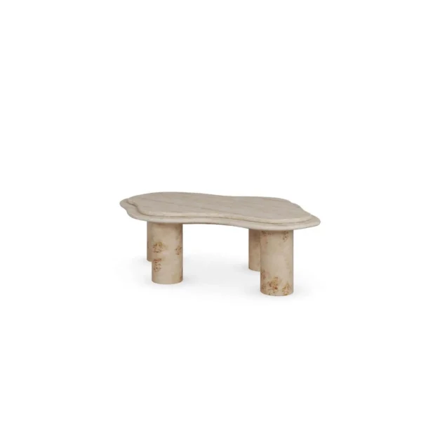 Shiqi Super White Travertine Coffee Table in oatmeal — in a room setting