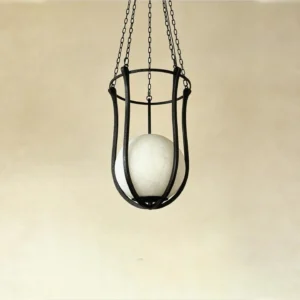 Star Dome Iron Cage Pendant Light with Stone Sphere in black — front view
