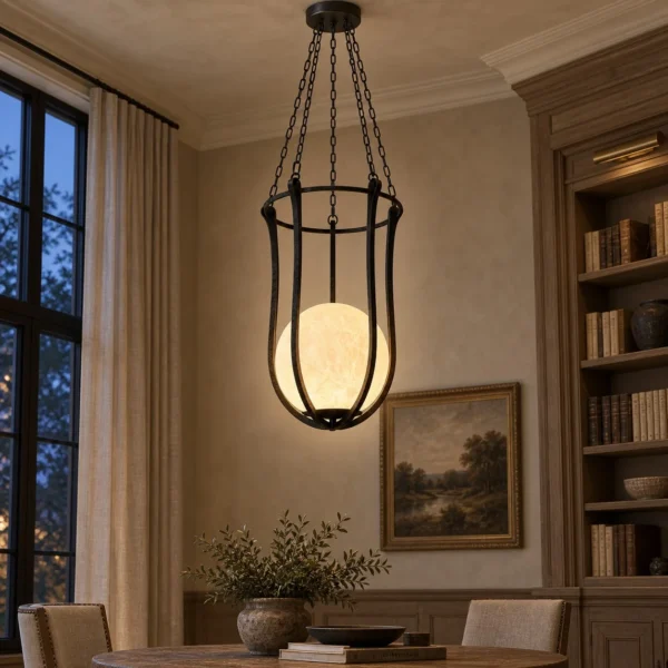 Star Dome Iron Cage Pendant Light with Stone Sphere in black — in a room setting
