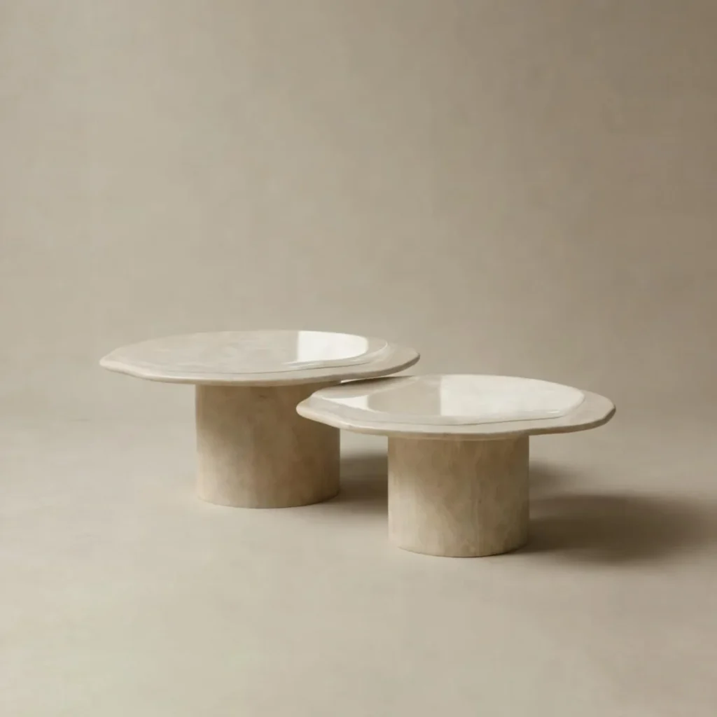 Super White Travertine Nesting Coffee Tables with Lobed Tops in ivory — front view