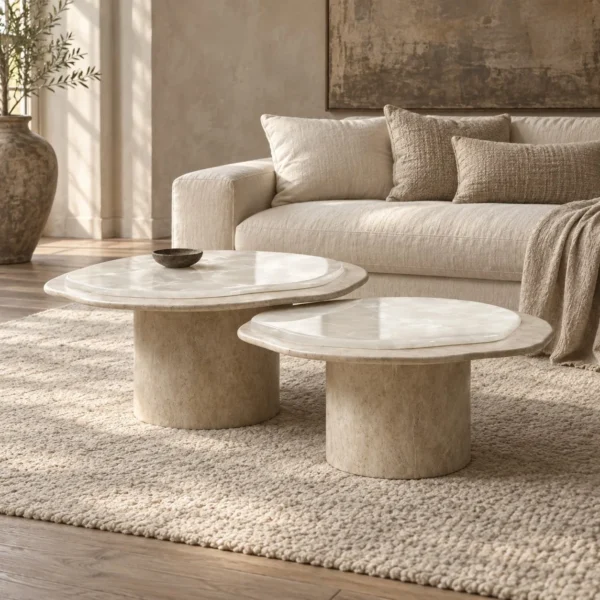 Super White Travertine Nesting Coffee Tables with Lobed Tops in ivory — in a room setting